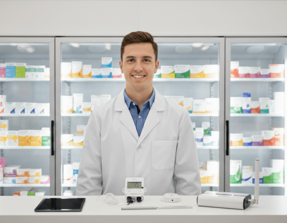 farmaceuta prezentujący zestaw do pomiaru temperatury i wilgotności w lodówkach firmy AxiSens